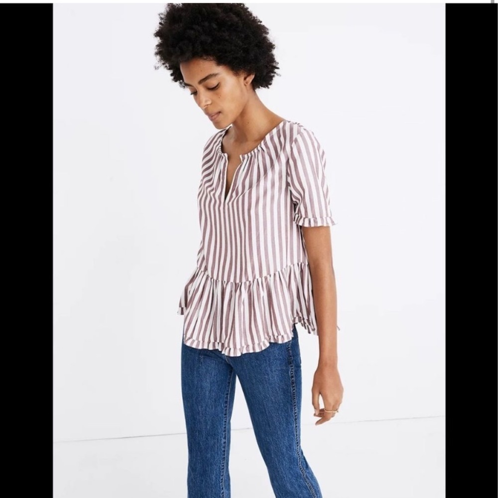Madewell stanza ruffle hem top in stripe purple lavender white xsmall